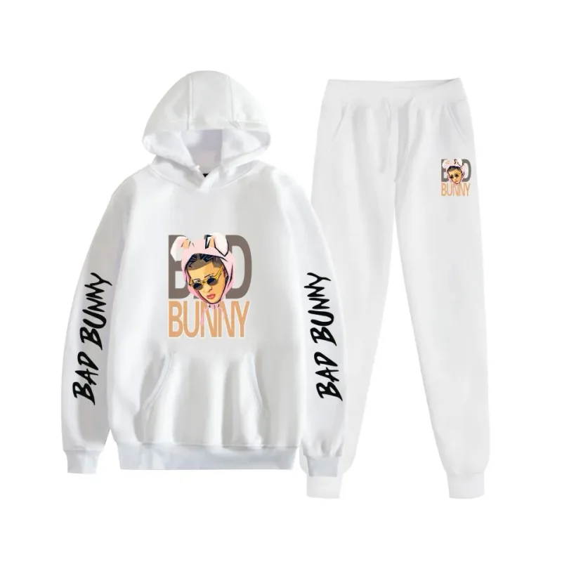 Harajuku confortável bad bunny impressão moletom moletom terno feminino hoodies + calças terno meninos/meninas 2 peça conjunto roupas — image 27