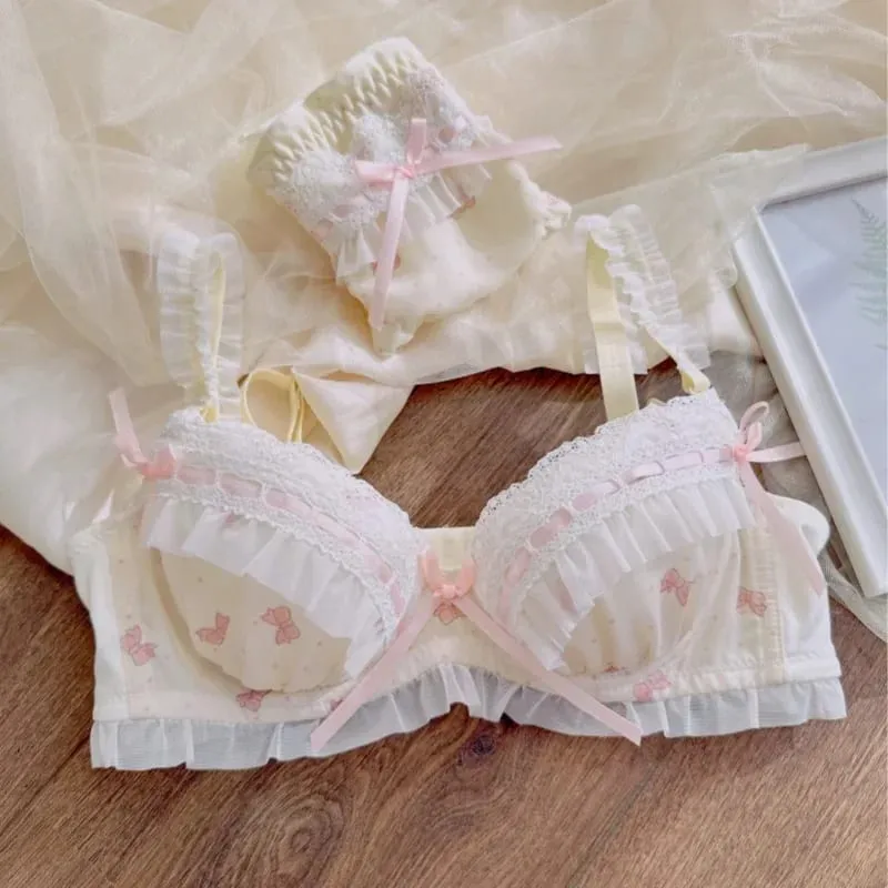 Nippon's Pure Desire Cute Princess Style Thin Cup Σετ σουτιέν Εκτύπωση Χαριτωμένο σουτιέν με φιόγκο Άνετα εσώρουχα δαντέλα Γοτθικό