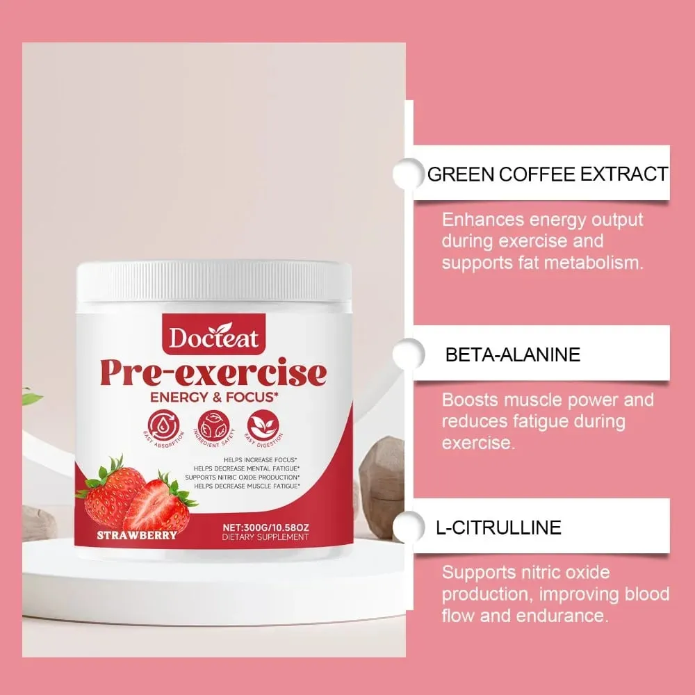 Docteat Pre Workout Powder Strawberry Energy & Focus Support Beta-Alanine L-Citrulline Rhodiola 300g 30 Servings Drink Mix — image 5