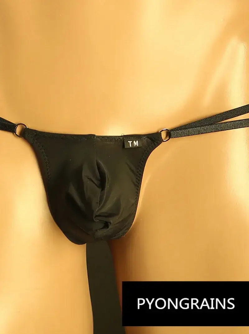Homens ajustável metal o-ring dupla alça fina bikini briefs cintura baixa sedosa gelo seda 3d u bolsa convexa sexy roupa interior masculina