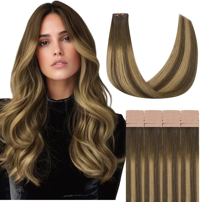 Sunmofavo Tape In Remy Human Hair Extensions Παχιά μεταξένια ίσια φυσική καφέ αόρατη ταινία 20 τμχ. — image 12
