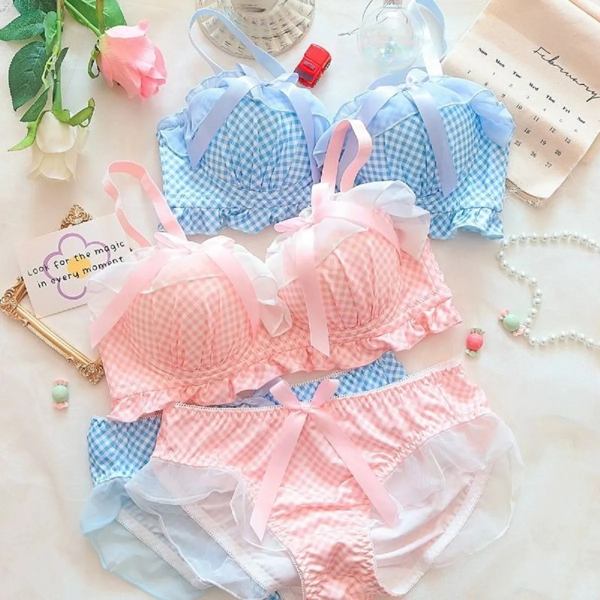 Lolita fehérnemű melltartó szett romantikus kis mell, édes lány kis mellű Cosplay fehérnemű masni melltartó és bugyi szett szexi fehérnemű 2 P — image 6