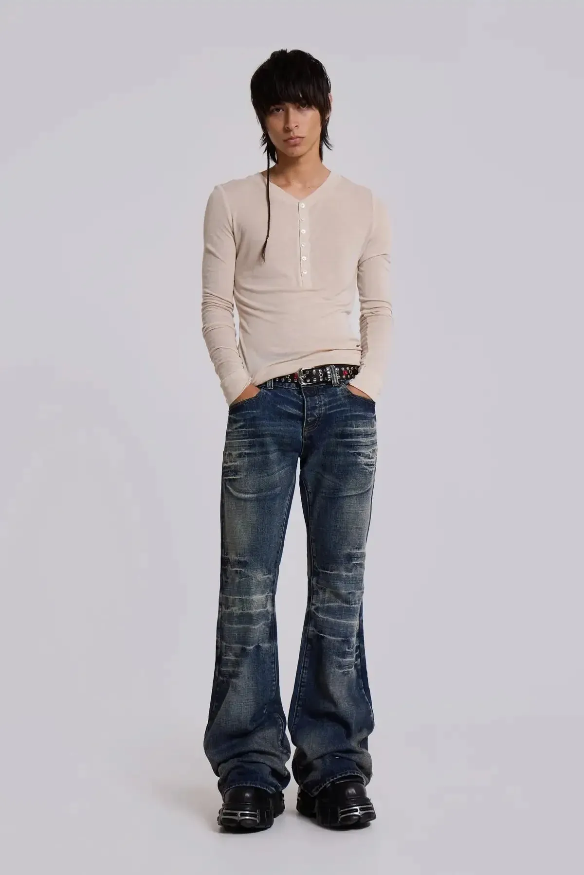 Y2K Mid Blue Flared Jeans Washed Men Women Bootcut Jeans Gothic High Street Unisex Streetwear Φαρδύ παντελόνι με φαρδύ πόδι