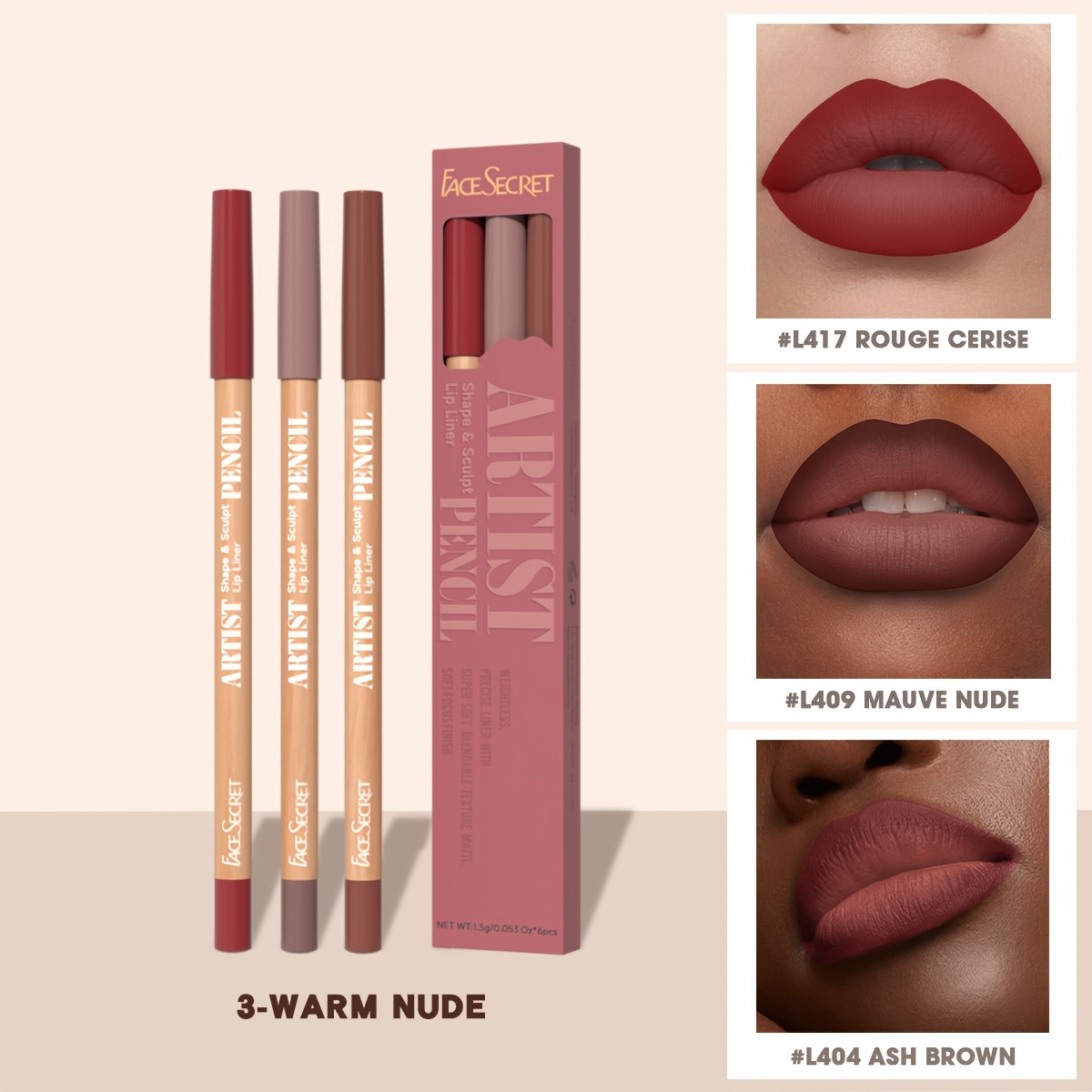 Face Secret 3 τμχ Σετ Nude Lip Liner Φυσικό ματ μακράς διαρκείας αδιάβροχο μακιγιάζ με μολύβι χειλιών με γάντζο γραμμής υψηλής χρωστικής — image 9