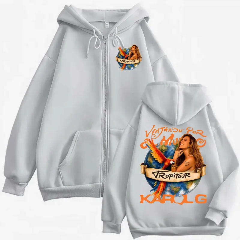 Karol G Tropicoqueta Tour 2026 Graphic Zipper Hoodie High Street Fashion Trend Zip Up Pullovers Unisex Casual Loose Sweatshirts