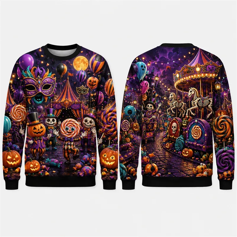 Pumpkin Ghost Graffiti Sweatshirt Halloween Mens 3D Print Polyester Crew Neck Long Sleeve Hip Hop Fashion Pullover Oversized Fit — image 3