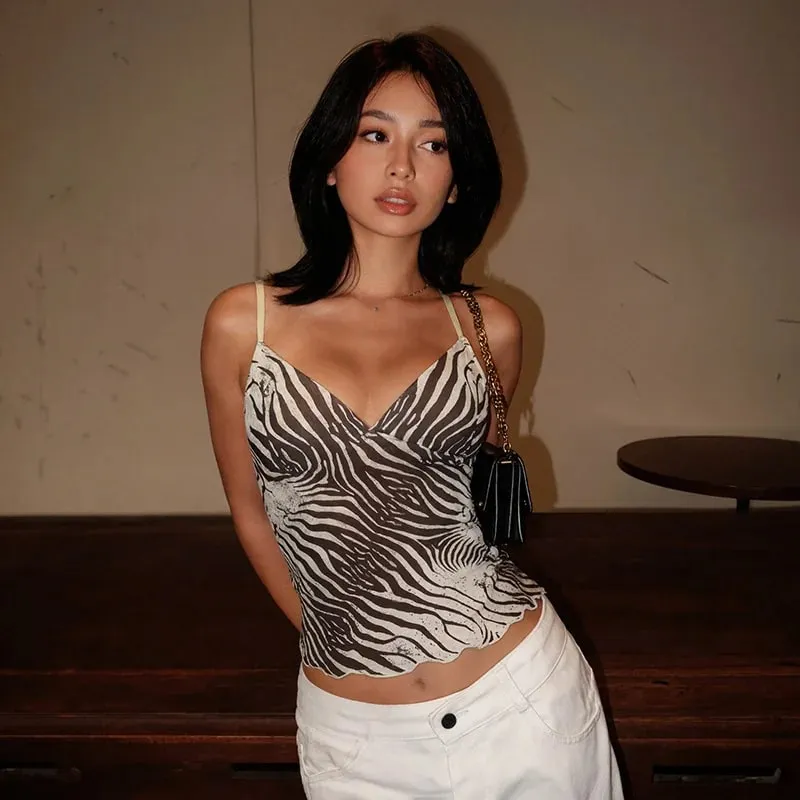 נשים קיץ רשת זברה הדפס V צווארון רשת Cami Tops — image 3