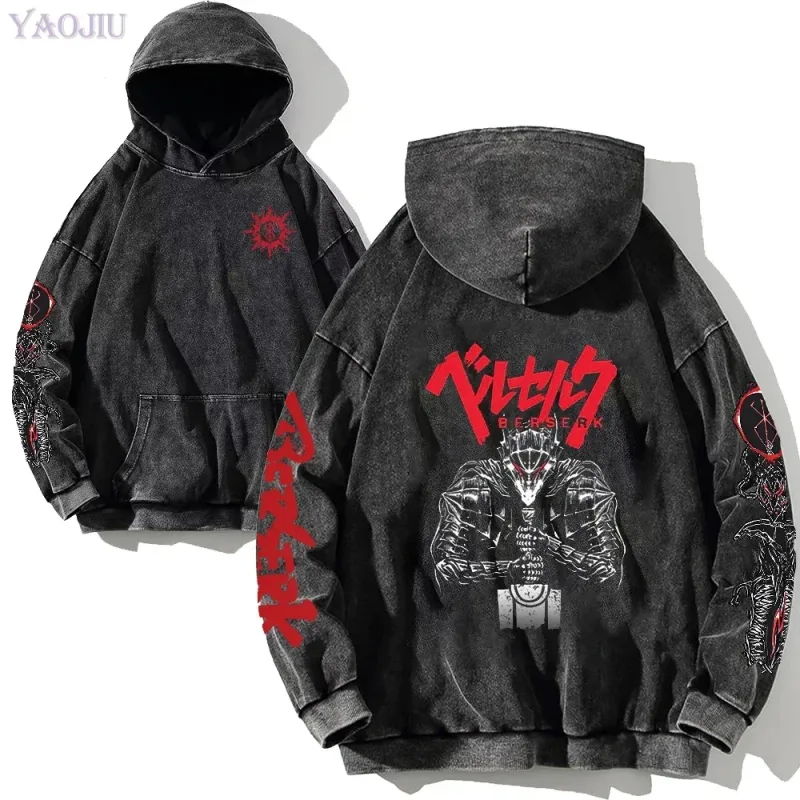 Support Custom Anime Berserk Graphic Hoodies Vintage Washed Oversized Hooded Cool Long Sleeves Cotton Hoodie Men Women Clothes