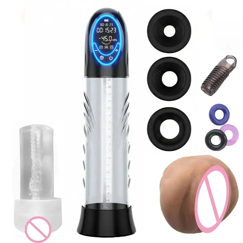 Elektromos péniszpumpa új LCD-s pénisznagyobbító szivattyú, péniszedző, szopás férfi maszturbátorok csésze Dick pumpa szexjátékok férfiaknak — image 1