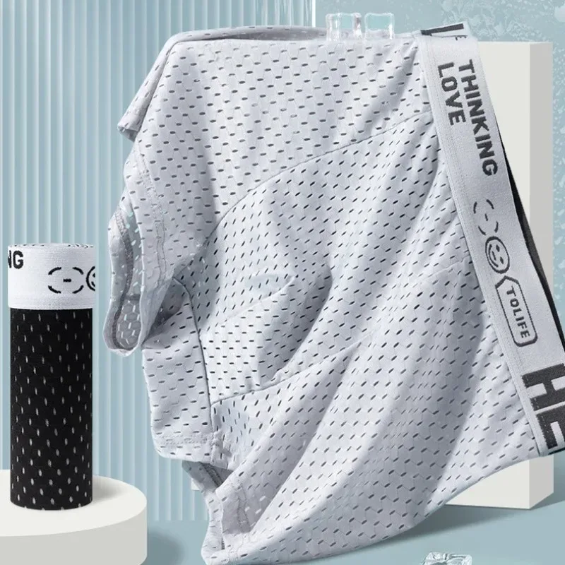 6 Stück Mesh-Boxshorts aus Eisseide für Herrenunterwäsche, atmungsaktiv, sexy, schmale Passform und nahtlose, flache Ecken, große Größe — image 3