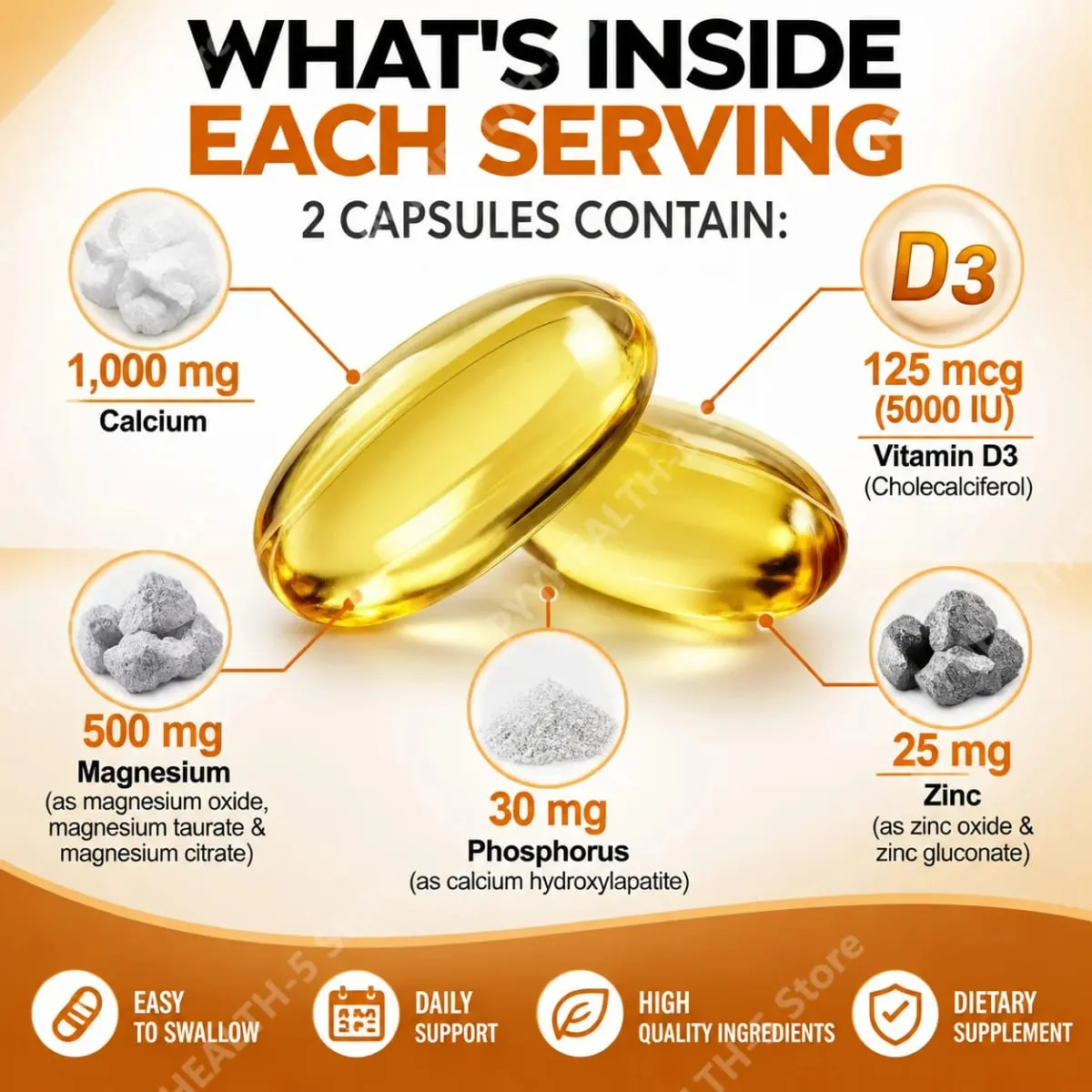 Kalcium-magnézium-cink lágyzselé csont- és fogtámogatás D3-vitamin-kiegészítő, támogatja az izmok egészségét és az immunrendszer működését 120 kapszula