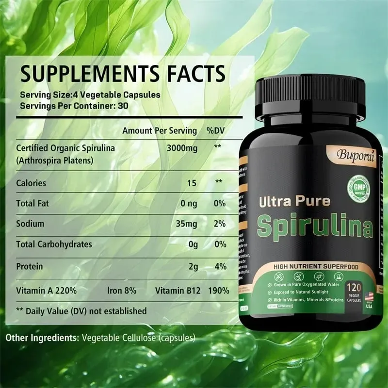 Organic Spirulina Supplement - Detoxification Nutrition Immune System Health Cardiovascular Health AntioxidantSupplements