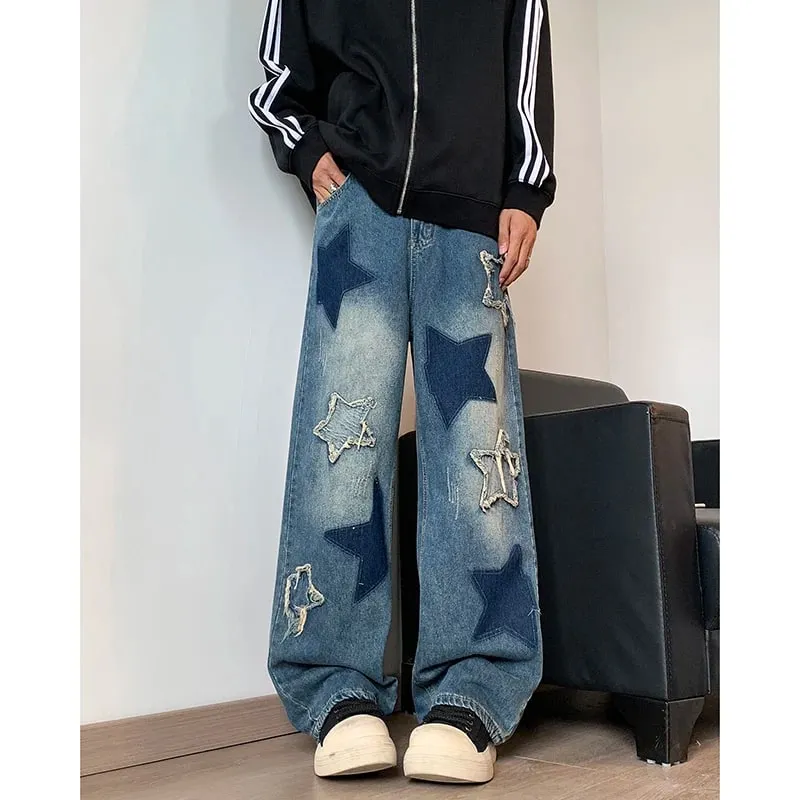Farmer Férfi Egyenes csillag hímzés Patchwork őszi farmer Uomo széles lábú Hip-hop divat Ifjúsági semleges utcai viselet farmer nadrág — image 9