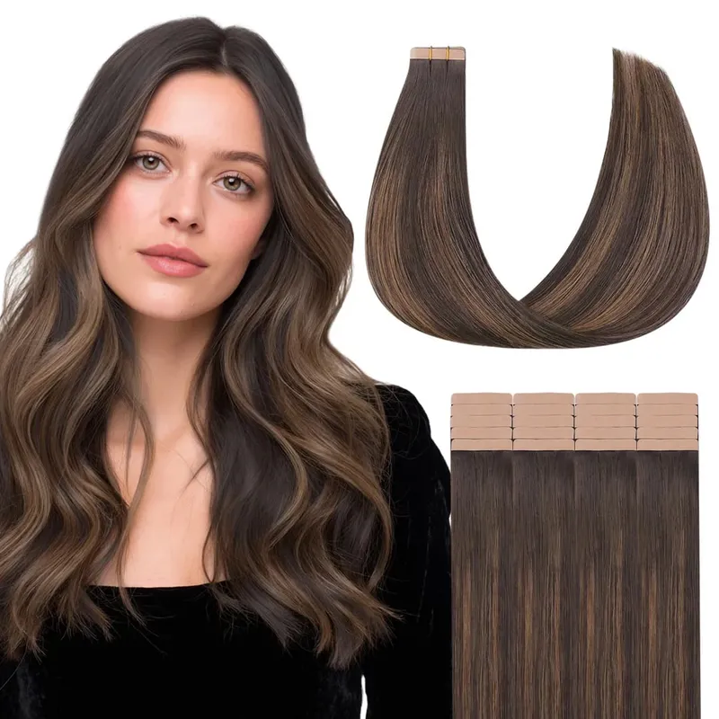 Sunmofavo Tape In Remy Human Hair Extensions Παχιά μεταξένια ίσια φυσική καφέ αόρατη ταινία 20 τμχ.
