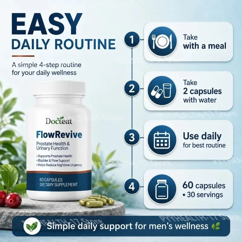 Docteat FlowRevive prosztata- és vizelettámogatás kapszula Saw Palmetto tökmaggal és Pygeum kéreg kivonattal - 60 kapszula