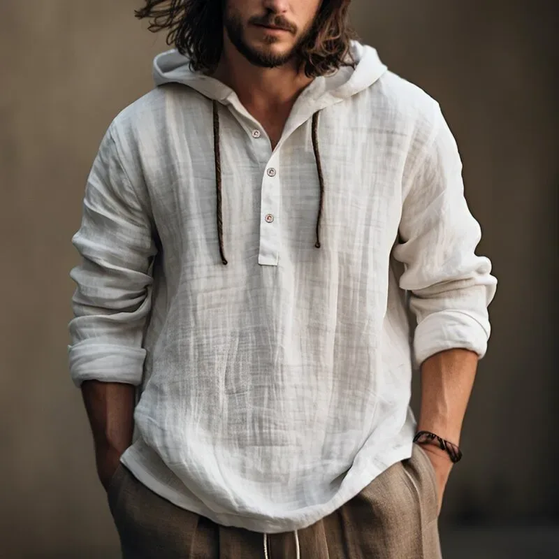 2025 nova blusa casual masculina camisa de linho de algodão solto topos manga longa camiseta primavera outono casual camisas masculinas com capuz