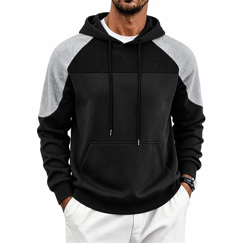 Men Patchwork Color Block Pullover Hoodie Drawstring Kangaroo Pocket Long Sleeve Loose Sweatshirt Autumn Winter Streetwear Tops — image 27