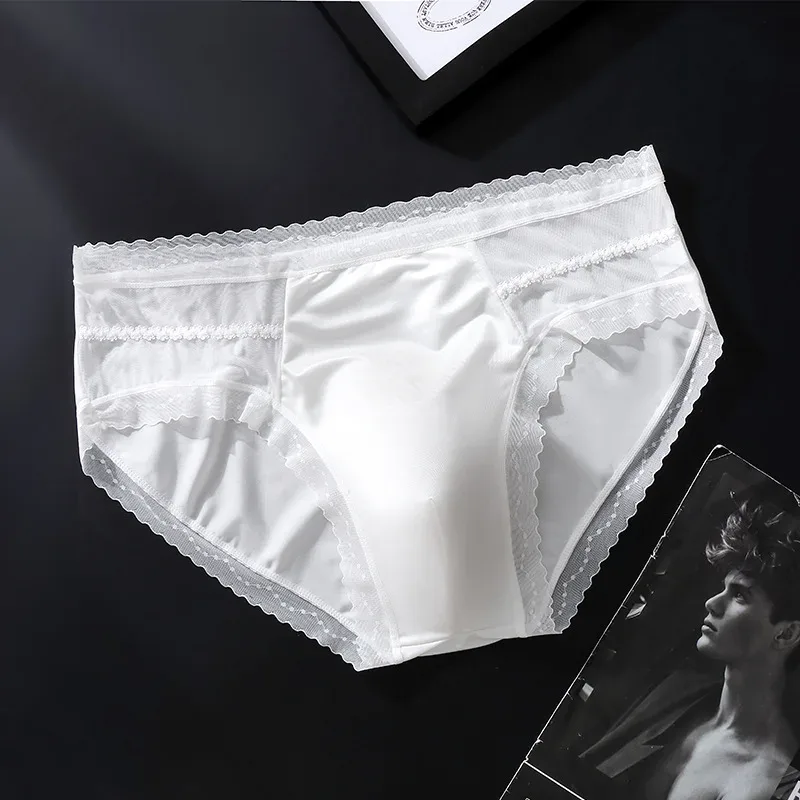 Men's Sexy Lace Thin Briefs Seamless Underware Ice Silk Brief 3D Bulge Pouch Panties Sleep Bottoms Breathable Male Underpants — image 8