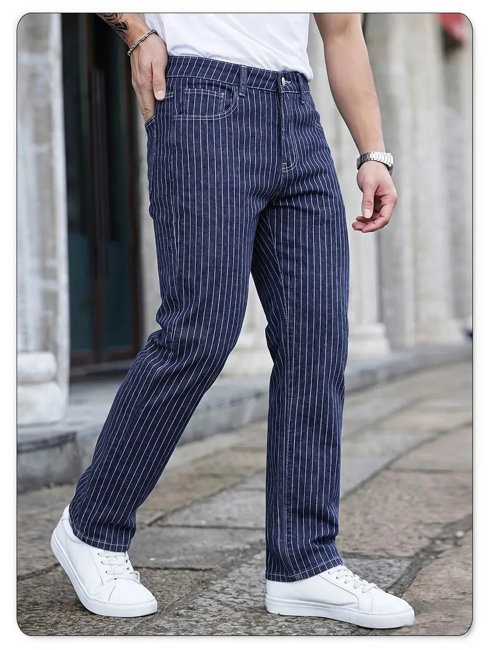 אור יוקרה כחול לבן פסים Jacquard Slim Fit אלסטי ג'ינס ישר רגל ג'ינס עסקי בסגנון קז'ואל נסיעות מכנסי ג'ינס