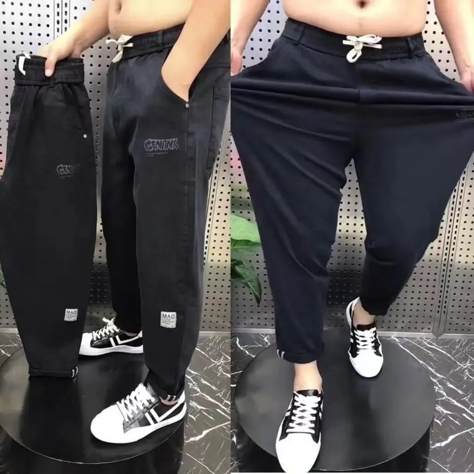 Harajuku Stretch Korea Streetwear Loose Solid Denim Jeans Elastic Waist for Men Spring Summer New plus size 7XL 8XL Casual Pants — image 3