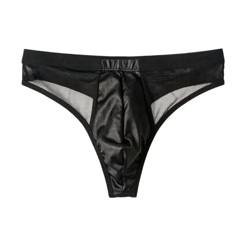 Sexy Men Low Rise Triangle Underwear PU Leather Front Spliced Breathable Mesh Sides Transparent T-back Briefs