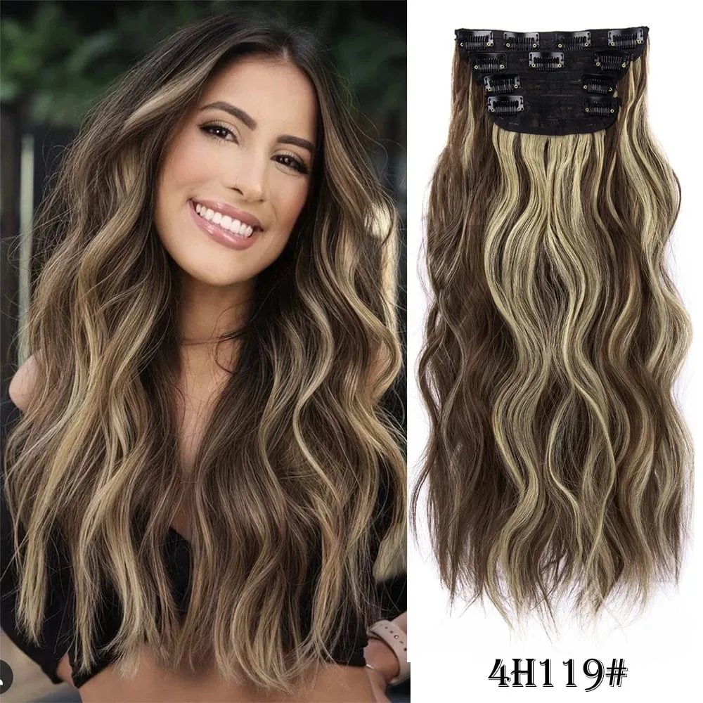 Leeons Wavy Clip In Hair Extensions 4 τμχ Φυσικά μαλακά μακριά κυματιστά Hairpieces Χοντρό διπλό κλιπ υφαδιού σε επεκτάσεις μαλλιών για γυναίκες — image 15