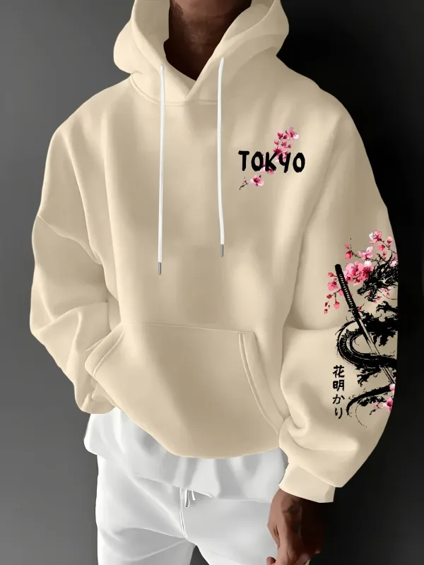 Novo anime masculino dragão flor de cerejeira impresso moletom com capuz inverno velo quente casual rua conforto inspirado design hoodie — image 4