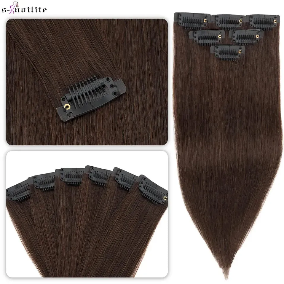 S-noilite Seamless PU Thin Weft 6Pcs Clip in Hair Extensions Real Human Hair Straight Soft Silk Clip in Extensions for Women