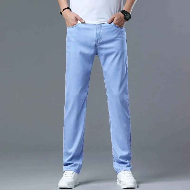 2025 Summer New Men's Sky Blue Slim Stretch Jeans Lyocell Thin Style Fashion Casual Ice Silk Denim Pants Male Brand Trousers