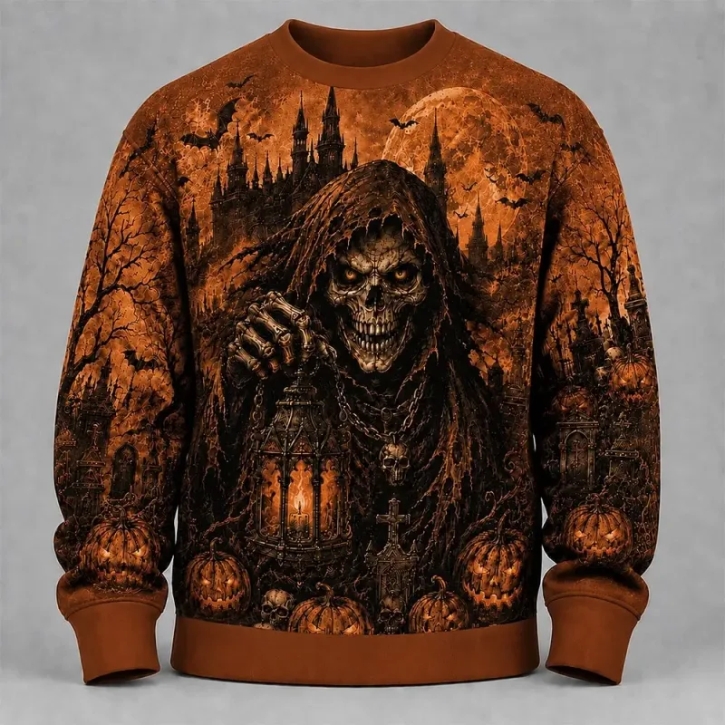 Fleece Sweatshirts Halloween Men's Skulls Sweatshirt Punk Party Gothic Crew Neck Vacation Blue Dark orange Brown Green — image 18