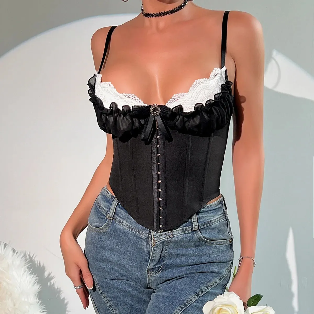 Sexy V λαιμόκοψη Y2K Μπλούζες με δαντέλα με πλισέ μπουφάν με κορσέ Σέξι μπουστάκι από ψαροκόκαλο σε σχήμα σώματος με λεπτή καμίζα