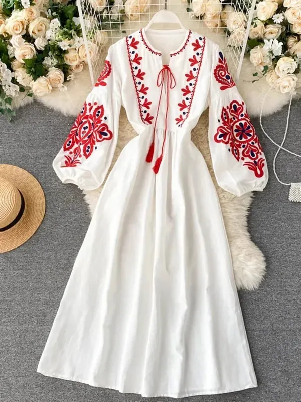 Női őszi ruhák Bohém hímzett virágos O-nyakú lámpás ujjú, magas derékú, redőzött ruha, Női Vestidos PL393 — image 2