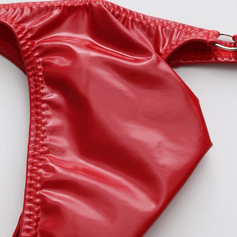 1st män glänsande läder midja med metallring G-strängar stringtrosor Gay Bulge påse Låg midja Stretchiga underkläder Rumpexponerande Sexig — image 6
