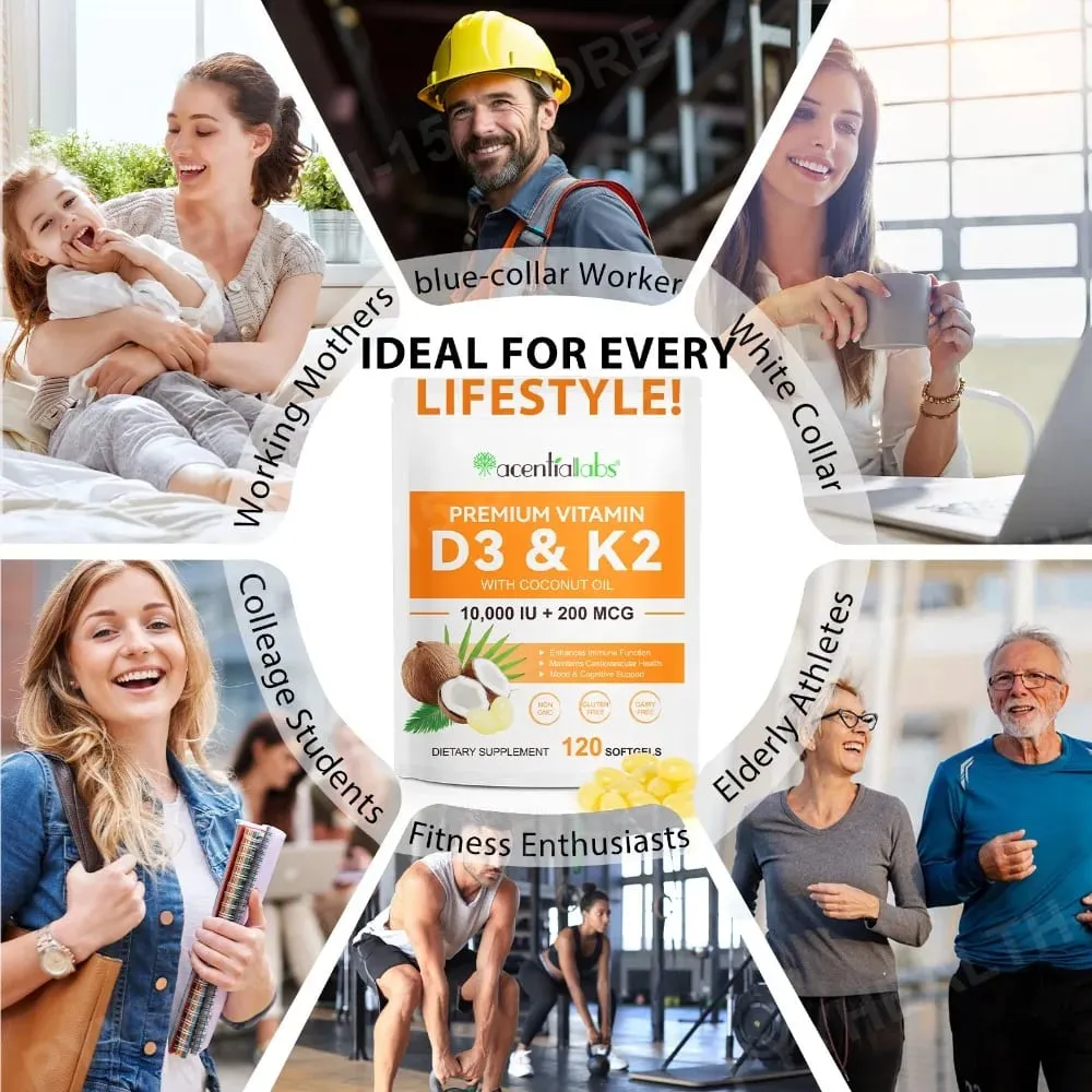 AcentiaLabs D3- és K2-vitaminos lágyzselé kókuszolajjal, immunfunkcióval és csonttámogatással gluténmentes, nem GMO 120 lágyzselé — image 4