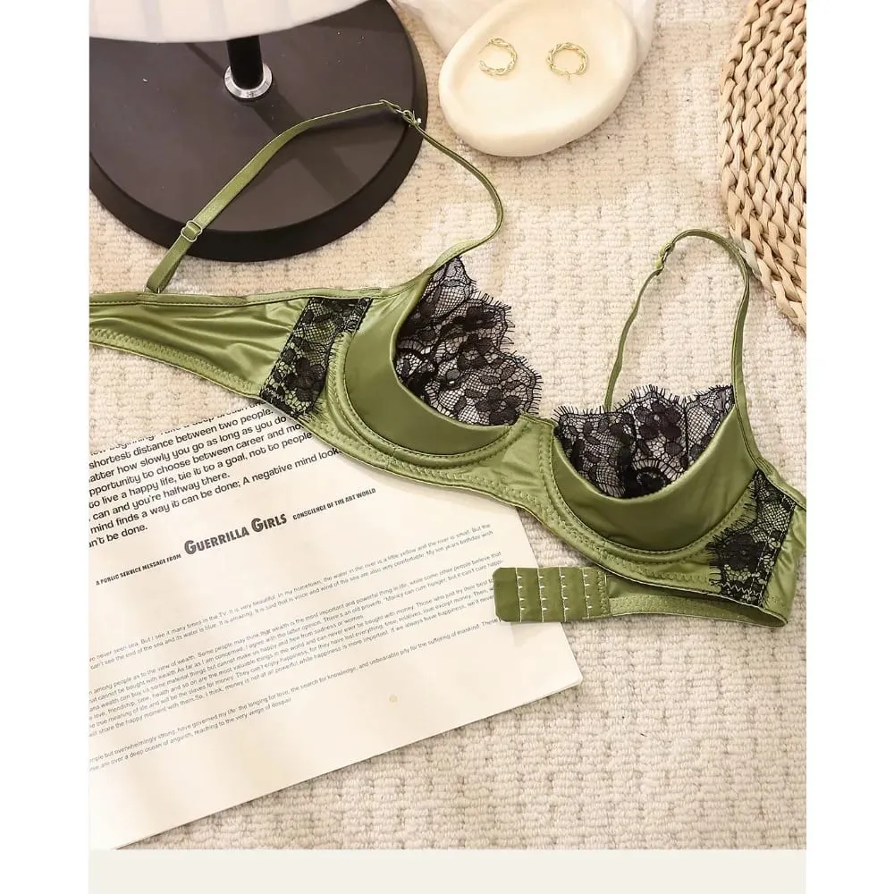 Γαλλικό Lace Half Cup Σετ Εσώρουχα Πράσινο εξαιρετικά λεπτό διάφανο μαλακό άνετο underwire σουτιέν για μικρό μπούστο γυναικών 32‑38AB — image 5