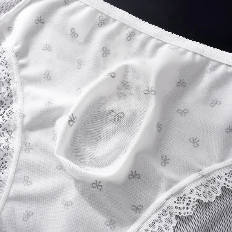 Sexy Lace Mens Briefs 3D Pouch Floral Edge High Elastic Sweet Heart Bow Print Mesh Splicing Underwear — image 18