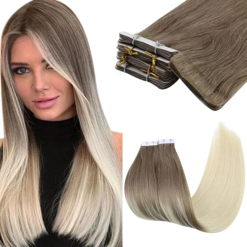 Moresoo Injection Tape Hair Extensions Ash Blonde Highlight Virgin Hair Φυσική ίσια ταινία Brazilian in Human Hair Extension