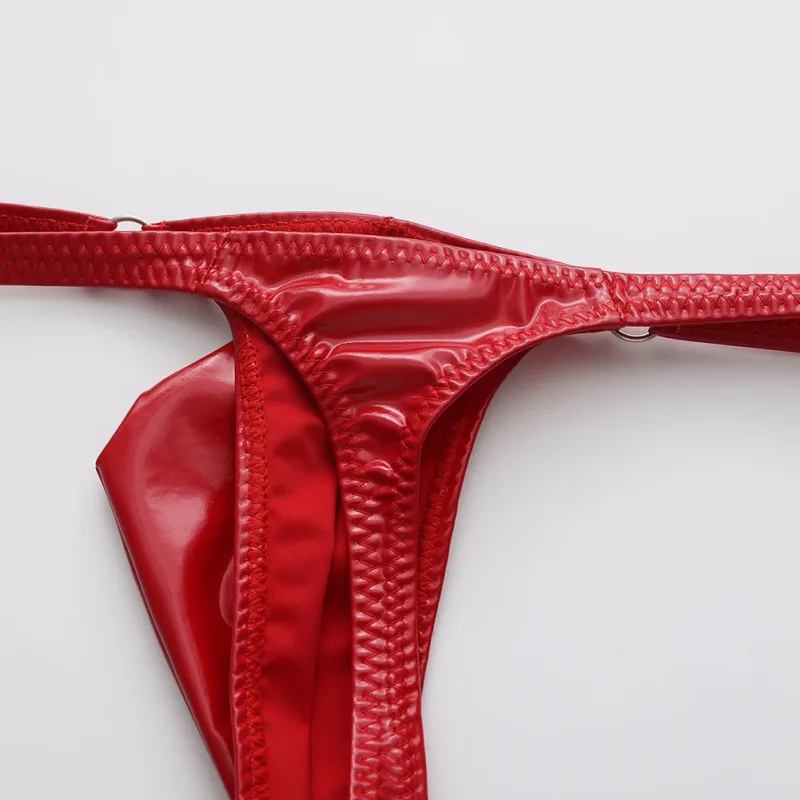 1st män glänsande läder midja med metallring G-strängar stringtrosor Gay Bulge påse Låg midja Stretchiga underkläder Rumpexponerande Sexig — image 8
