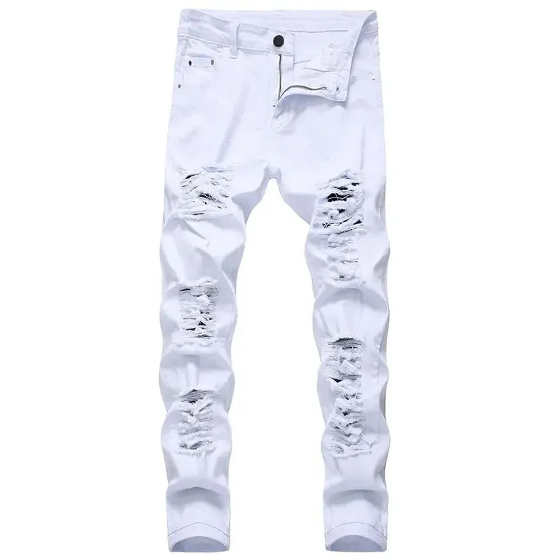 2025-ös Hole Farmer nadrágok Férfi Tide márka Ruined Hole Farmer Solid Slim All match High Street Hip Hop Nadrág Piros Fehér Nagy méret