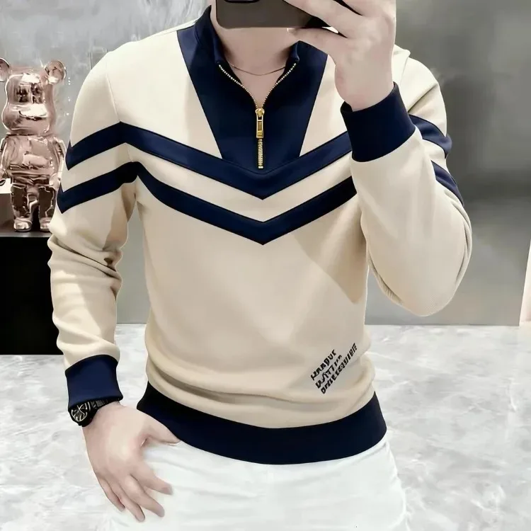 2026 Spring Luxury Stand Collar Sweatshirts Men's Trendy Splicing Hoodie Comfortable Versatile Casual Sweatshirts Men Clothing — image 2