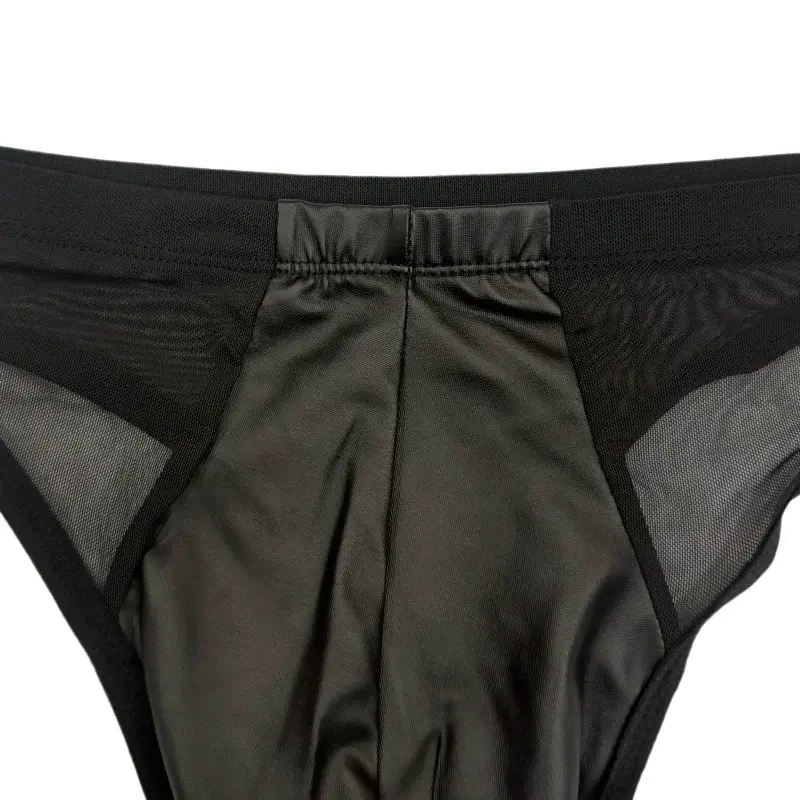 Sexy Men Low Rise Triangle Underwear PU Leather Front Spliced Breathable Mesh Sides Transparent T-back Briefs — image 3