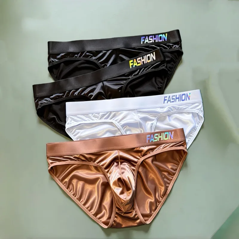 Men Glossy Satin-like Smooth Brief Ice-Silk Hip Wrap LargePouch Satin Silky Briefs Low Waist Gradient Letter Glossy Underwear — image 10