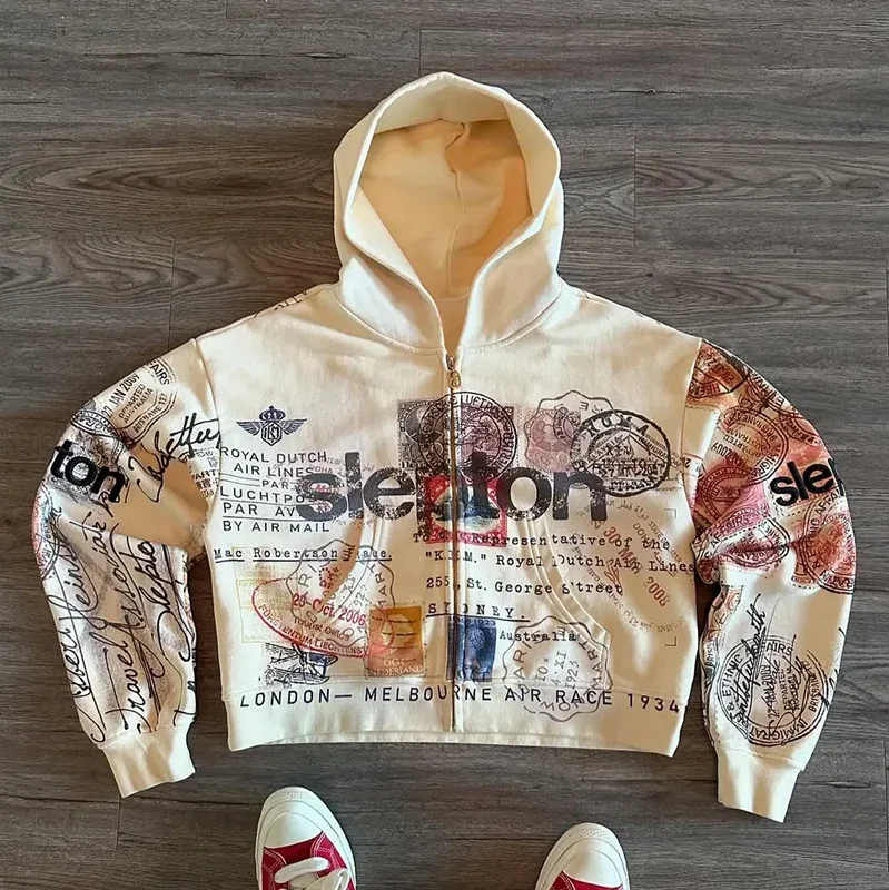 Sweatshirt Jacka Dragkedja Luvtröja Aprikostryck Bokstäver Tecknad Mode Multifunktionell Retro Y2K High Street Herr och Dam — image 5