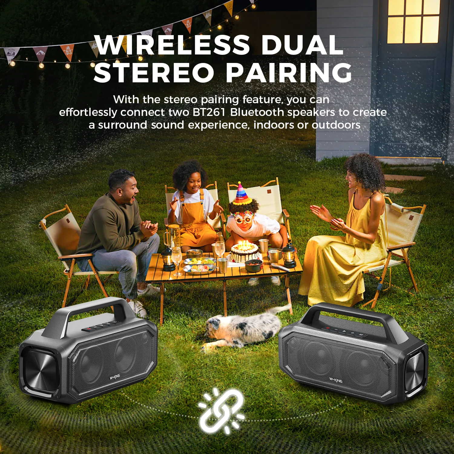 BT261-2 Portable Bluetooth 80W Wireless Speaker IPX6 Waterproof Loud with Bass Boost Stereo Pairing Reverse Charging