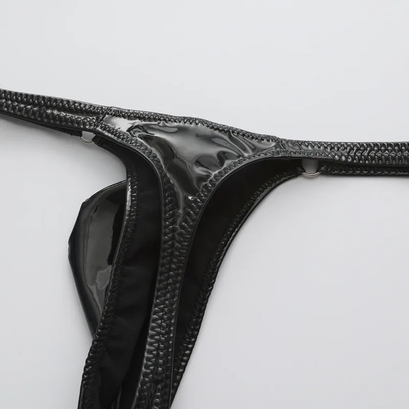 1st män glänsande läder midja med metallring G-strängar stringtrosor Gay Bulge påse Låg midja Stretchiga underkläder Rumpexponerande Sexig — image 10