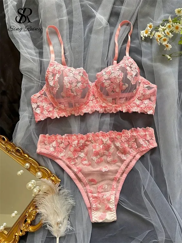 Διχτυωτό Sheer Εσώρουχα Δύο Κοστούμια Γαλλικά Floral Seusual Σετ Εσωρούχων Γυναικεία Κέντημα Σέξι Σετ σουτιέν και σλιπ — image 7