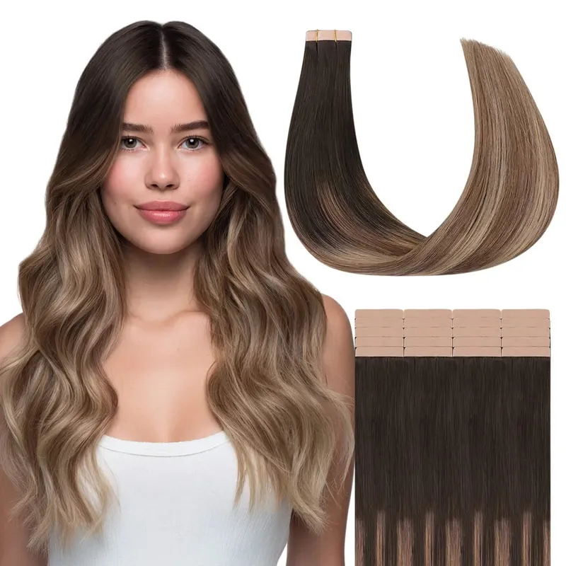 Sunmofavo Tape In Remy Human Hair Extensions Παχιά μεταξένια ίσια φυσική καφέ αόρατη ταινία 20 τμχ. — image 11