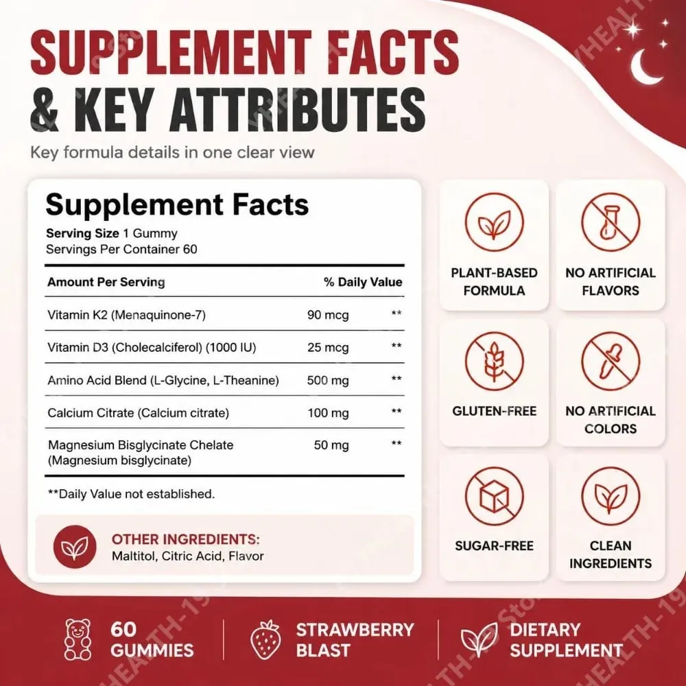 Nutrition Gummies με βιταμίνη K2 D3 ασβέστιο και μαγνήσιο για υγεία και χαλάρωση των οστών Υποστήριξη ευεξίας ύπνου Ενήλικες 60 Gummies — image 4