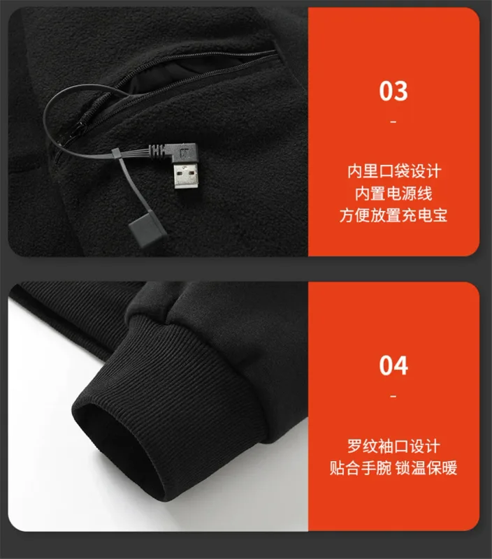 Hoodies de aquecimento usb masculino inverno elétrico aquecido hoodies jaquetas com zíper aquecido com capuz infravermelho 5 áreas de aquecimento jaqueta preto cinza — image 21