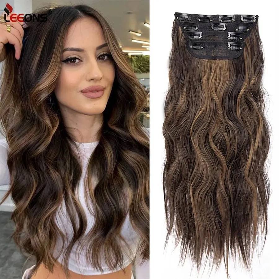 Leeons Wavy Clip In Hair Extensions 4 τμχ Φυσικά μαλακά μακριά κυματιστά Hairpieces Χοντρό διπλό κλιπ υφαδιού σε επεκτάσεις μαλλιών για γυναίκες — image 2